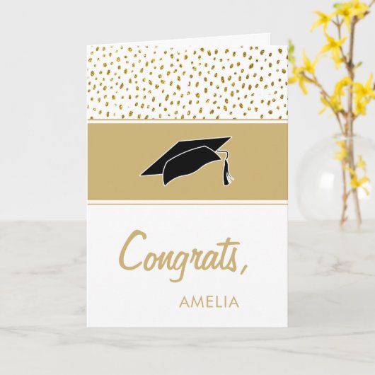Moderne Gouden Glitter Gefeliciteerd Graduation Ca Kaart (Gele Bloem)