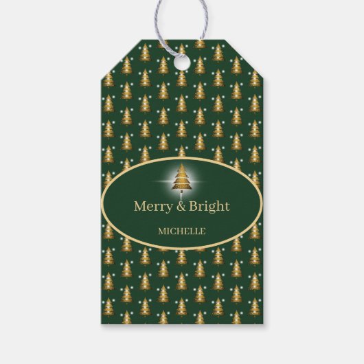 Moderne Gouden Glitter Groene Kerstboom  Cadeaulabel (Voorkant)
