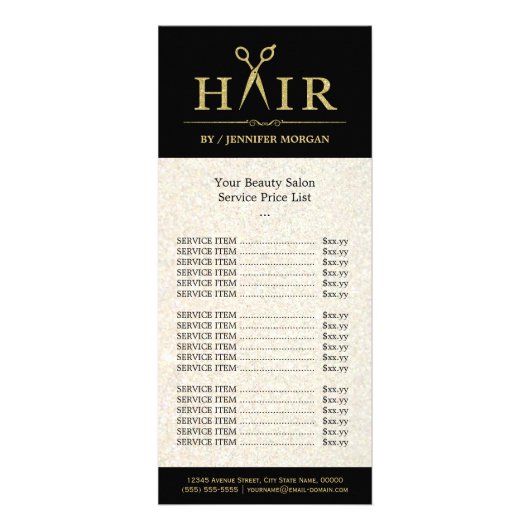 Moderne Gouden Glitter Hair Cut Salon prijslijst Reclamekaart (Voorkant)