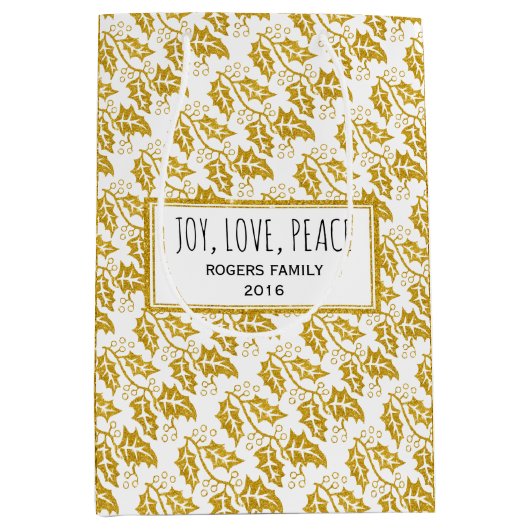 Moderne gouden glitter holly berry kerstvakantie medium cadeauzakje (Voorkant)