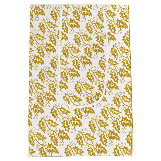 Moderne gouden glitter holly berry kerstvakantie medium cadeauzakje (Achterkant)