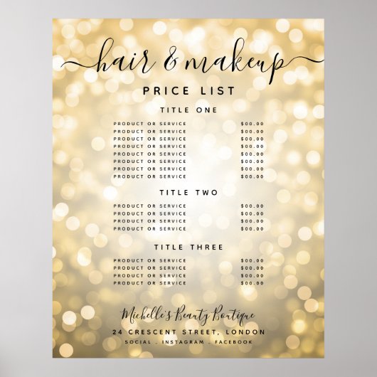 Moderne Gouden Glitter Licht Salon Prijsmenu Poster (Voorkant)