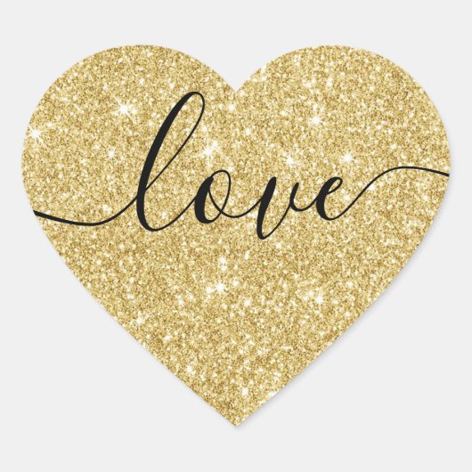 Moderne Gouden Glitter Liefde Script Huwelijkszege Hart Sticker (Voorkant)