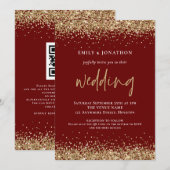 Moderne Gouden Glitter QR Code Trouw Bruinrood Kaart (Voorkant / Achterkant)