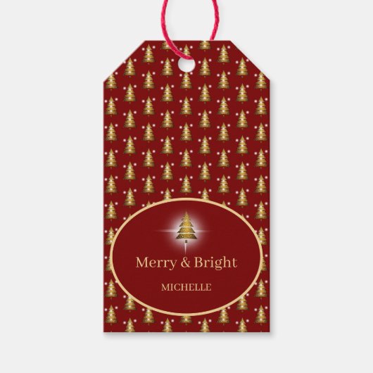 Moderne Gouden Glitter Rode Kerstboom Cadeaulabel (Voorkant)