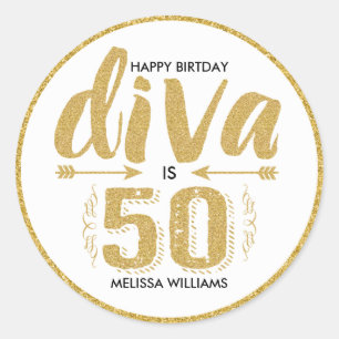 Moderne gouden glitter text-Diva is 50 Happy Birth Ronde Sticker