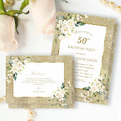Moderne Gouden Glitter Witte Bloemen 50ste Verjaar Kaart