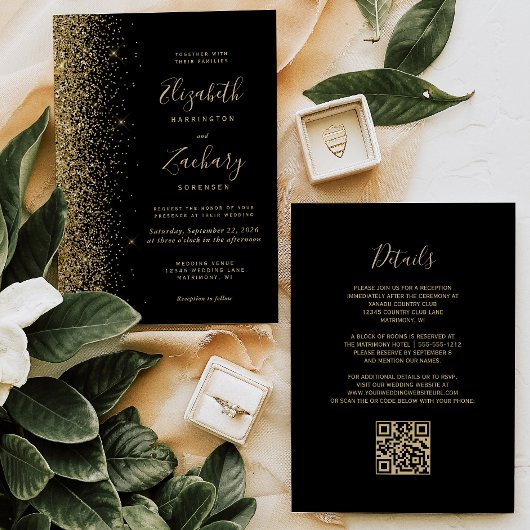 Moderne Gouden Glitter Zwart QR Code Huwelijk Kaart