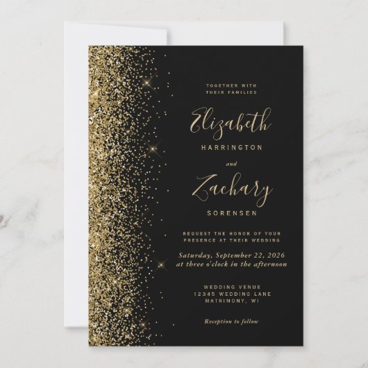 Moderne Gouden Glitter Zwart QR Code Huwelijk Kaart (Voorkant)