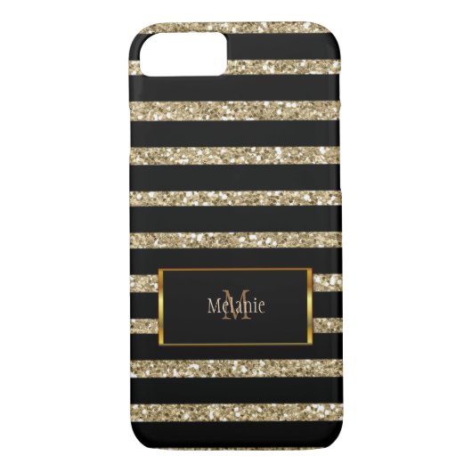 Moderne gouden glitter zwarte strepen monogram naa Case-Mate iPhone case (Achterkant)