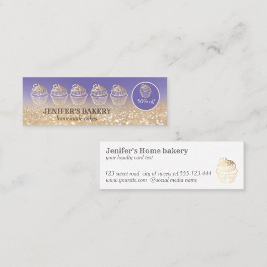 Moderne gouden glittercupcake zelfgemaakte bakkeri mini visitekaartje (Voorkant / Achterkant)