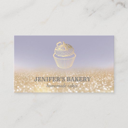 Moderne gouden glittercupcake zelfgemaakte bakkeri visitekaartje (Voorkant)