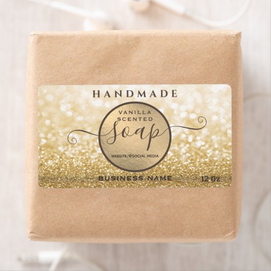 Moderne gouden glitterige zeep met glans etiket (Insitu)