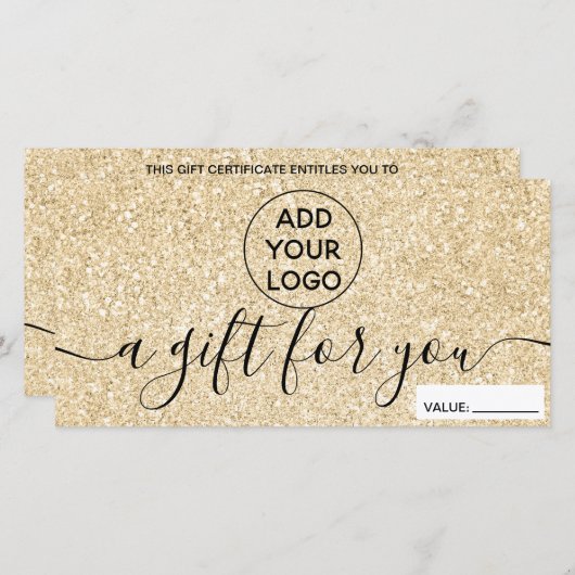 Moderne gouden glitters glans logo cadeaubon (Voorkant / Achterkant)