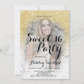 Moderne gouden glitters marmer ombre foto Sweet 16 Kaart (Voorkant)