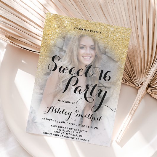 Moderne gouden glitters marmer ombre foto Sweet 16 Kaart
