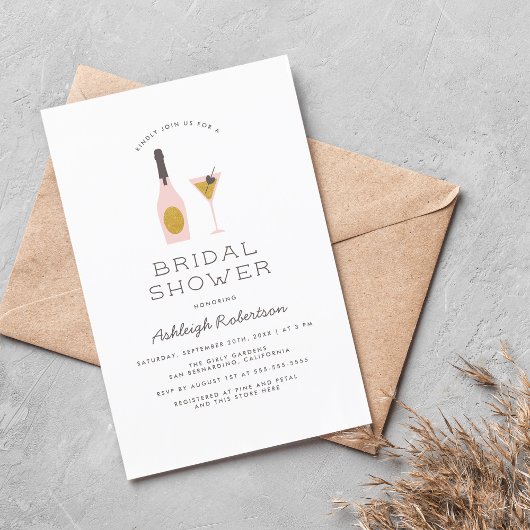 Moderne Gouden Glitters & Roze Cocktails Bruidsdou Uitnodiging Briefkaart