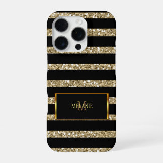 Moderne gouden glitters zwarte strepen monogram na iPhone 16 pro hoesje