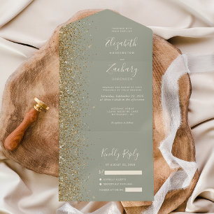 Moderne gouden glittersage groene trouw all in one uitnodiging