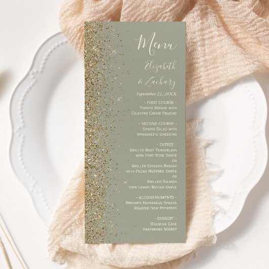 Moderne gouden glittersage groene trouw menu