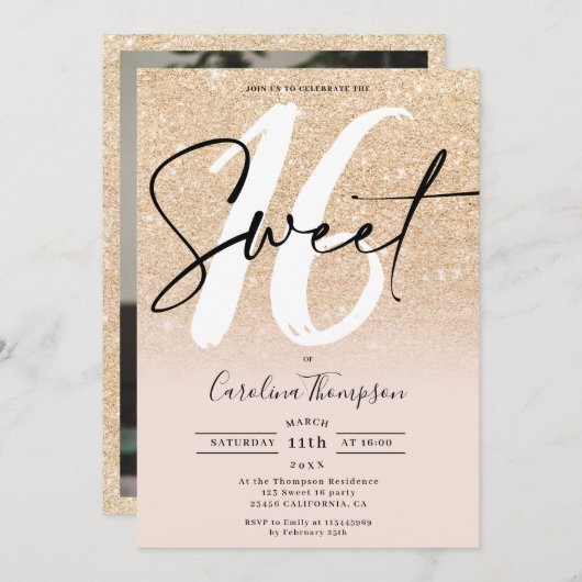 Moderne gouden glitterscript rand foto Sweet 16 Kaart (Voorkant / Achterkant)