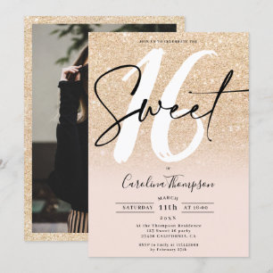 Moderne gouden glitterscript rand foto Sweet 16 Kaart