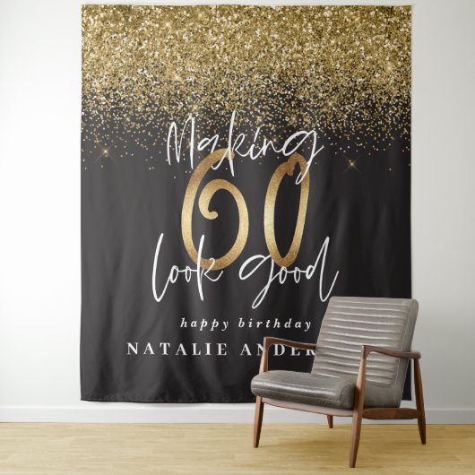 Moderne gouden glittersieraden voor 60e verjaardag wandkleed (In situ)