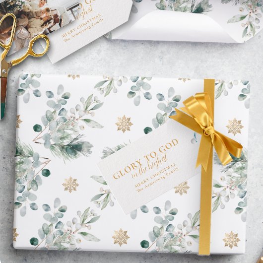 Moderne gouden glorie voor goddelijke kerst cadeaulabel