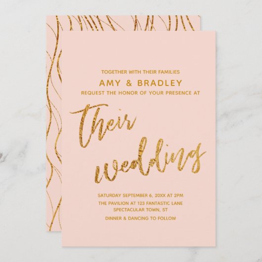 Moderne gouden golven en handschrift Blush Wedding Kaart (Voorkant / Achterkant)