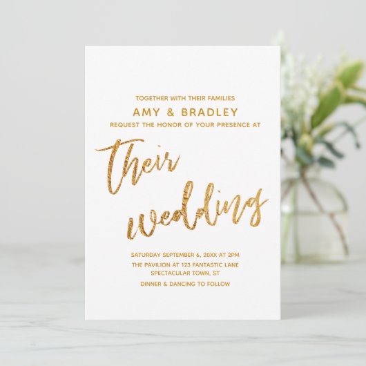 Moderne Gouden Golven Handschrift Witte bruiloft Kaart (Staand voorkant)