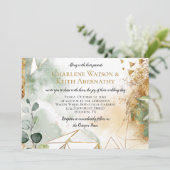 Moderne Gouden Groen Geometrische Botanische Huwel Kaart (Staand voorkant)