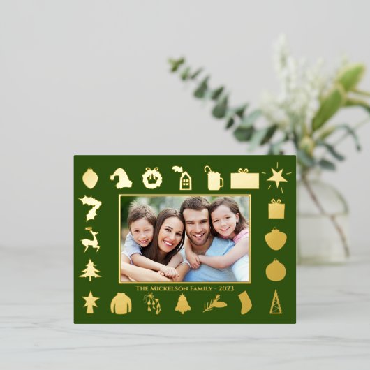 Moderne Gouden Groene Foto Kerstmis Folie Feestdagen Briefkaart (Staand Voorkant)