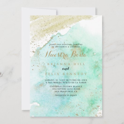 Moderne Gouden Groene Kalligrafie Nuestra Boda Bru Kaart (Voorkant)