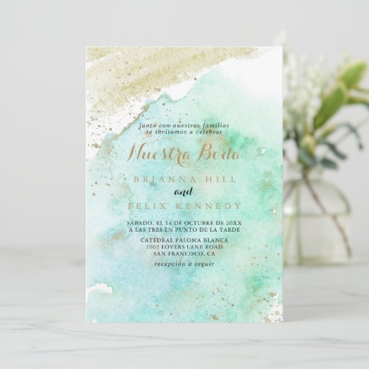 Moderne Gouden Groene Kalligrafie Nuestra Boda Bru Kaart (Staand voorkant)