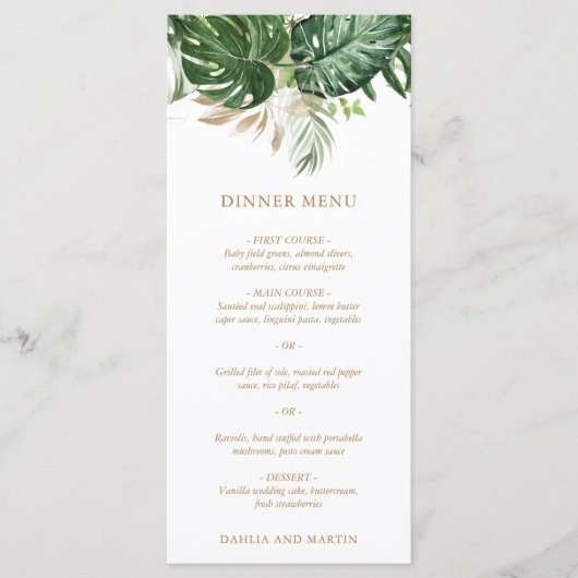 Moderne Gouden Groene Tropische Bruiloft Menu (Voorkant)