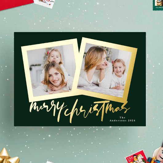 Moderne Gouden Groenen Vrolijk Kerstfeest Multi Fo Folie Feestdagenkaart