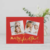 Moderne Gouden Groenen Vrolijk Kerstfeest Multi Fo Folie Feestdagenkaart (Staand Voorkant)