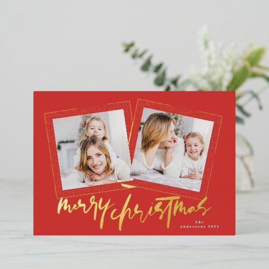 Moderne Gouden Groenen Vrolijk Kerstfeest Multi Fo Folie Feestdagenkaart (Staand Voorkant)