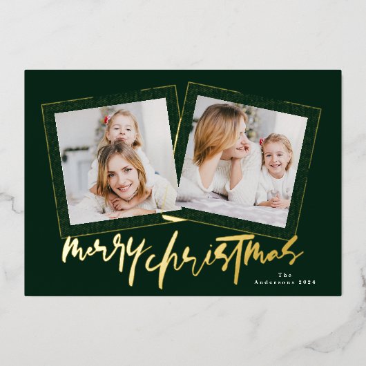 Moderne Gouden Groenen Vrolijk Kerstfeest Multi Fo Folie Feestdagenkaart (Voorkant)