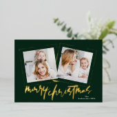 Moderne Gouden Groenen Vrolijk Kerstfeest Multi Fo Folie Feestdagenkaart (Staand Voorkant)
