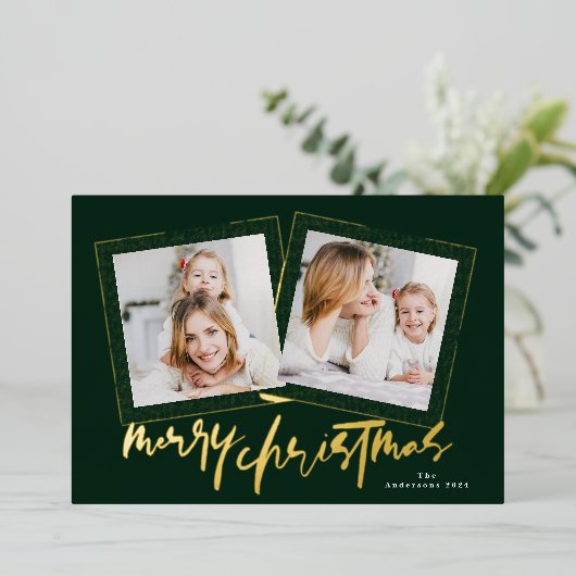 Moderne Gouden Groenen Vrolijk Kerstfeest Multi Fo Folie Feestdagenkaart (Staand Voorkant)