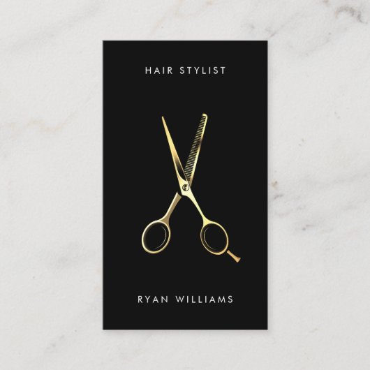 Moderne gouden haarstylist salon schaar minimalist visitekaartje (Voorkant)