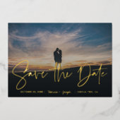 Moderne gouden handschriftenfoto Sla de datum op Folie Uitnodiging (Voorkant)