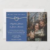 Moderne Gouden Hart Blauwe Fotobruiloft Kaart (Voorkant)