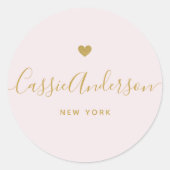Moderne gouden hart kalligrafie Merknaam Roze Ronde Sticker (Voorkant)