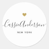 Moderne Gouden Hart Kalligrafie Merknaam Wit Ronde Sticker (Voorkant)