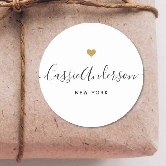Moderne Gouden Hart Kalligrafie Merknaam Wit Ronde Sticker