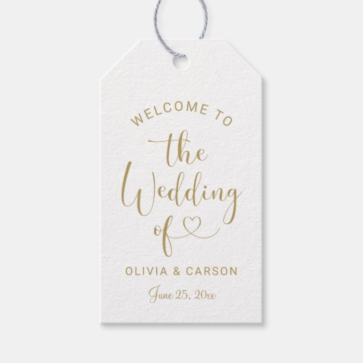Moderne gouden hart script monogram bruiloft cadeaulabel (Voorkant)