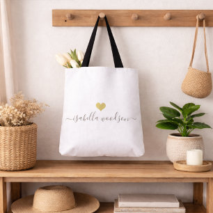 Moderne gouden hart script naam tote bag