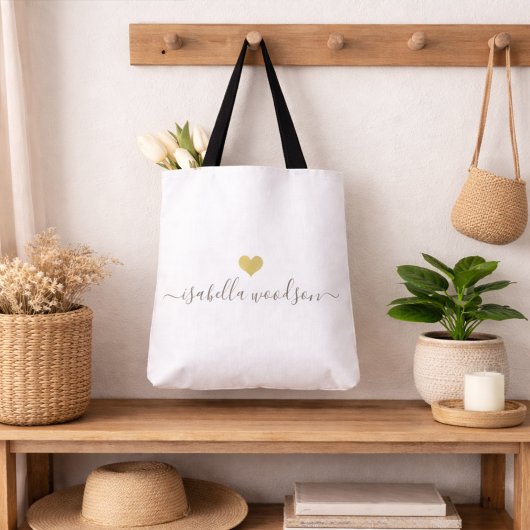 Moderne gouden hart script naam tote bag